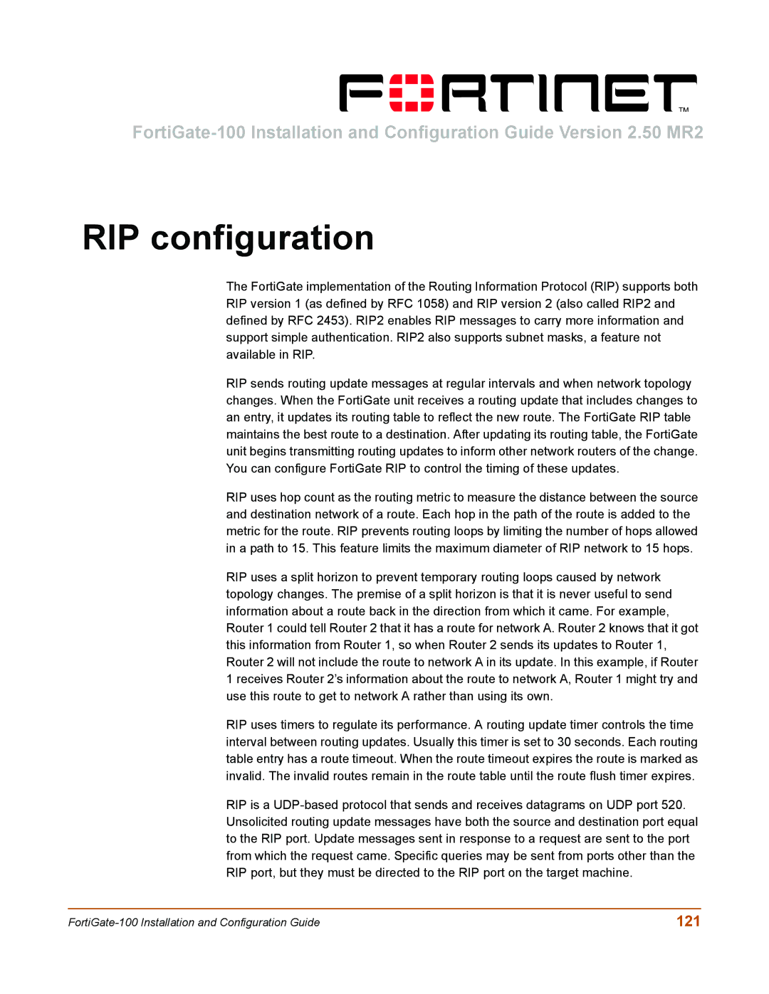 Fortinet 100 user manual RIP configuration, 121 