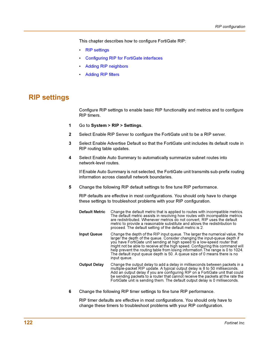 Fortinet 100 user manual RIP settings, 122, Go to System RIP Settings 