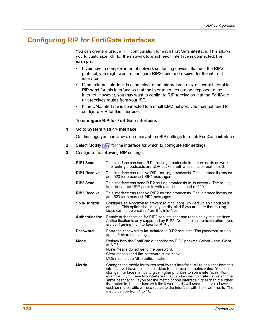 Fortinet 100 user manual Configuring RIP for FortiGate interfaces, 124, Password, Mode, Metric 