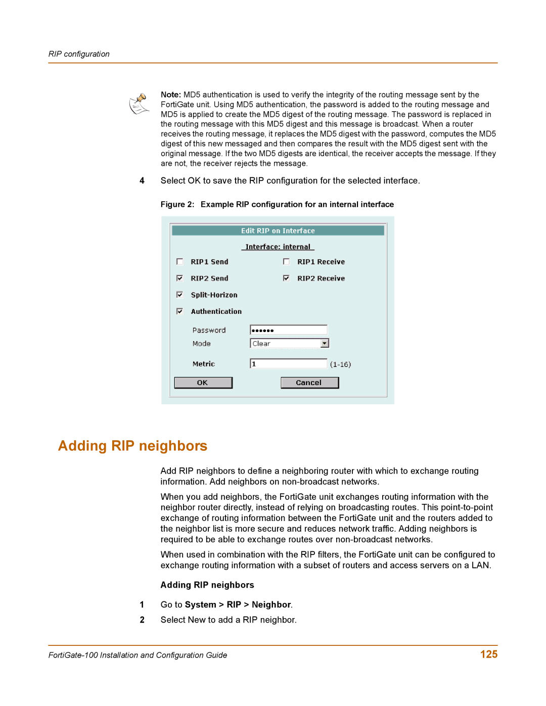 Fortinet 100 user manual 125, Adding RIP neighbors Go to System RIP Neighbor 