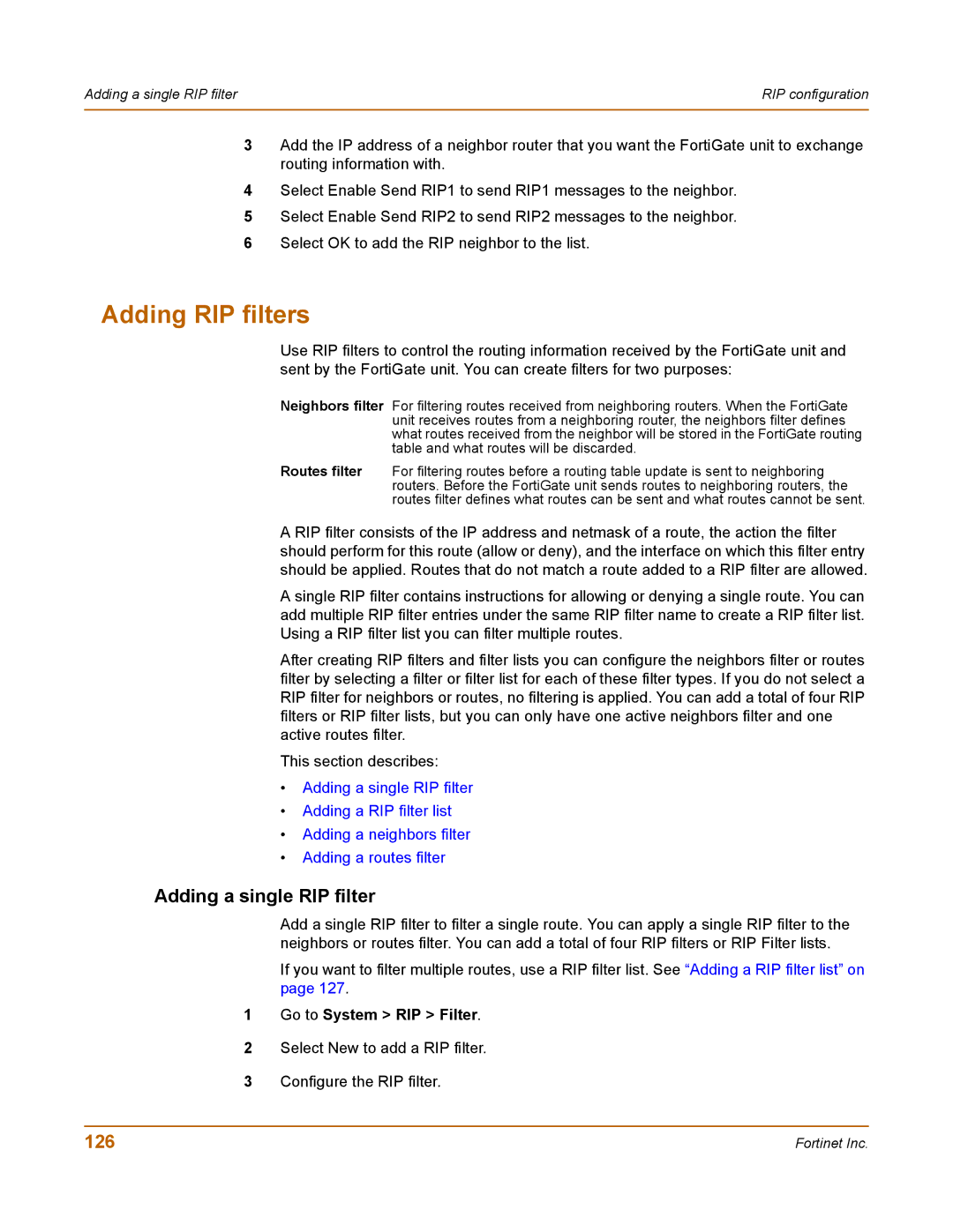 Fortinet 100 user manual Adding RIP filters, Adding a single RIP filter, 126, Go to System RIP Filter 