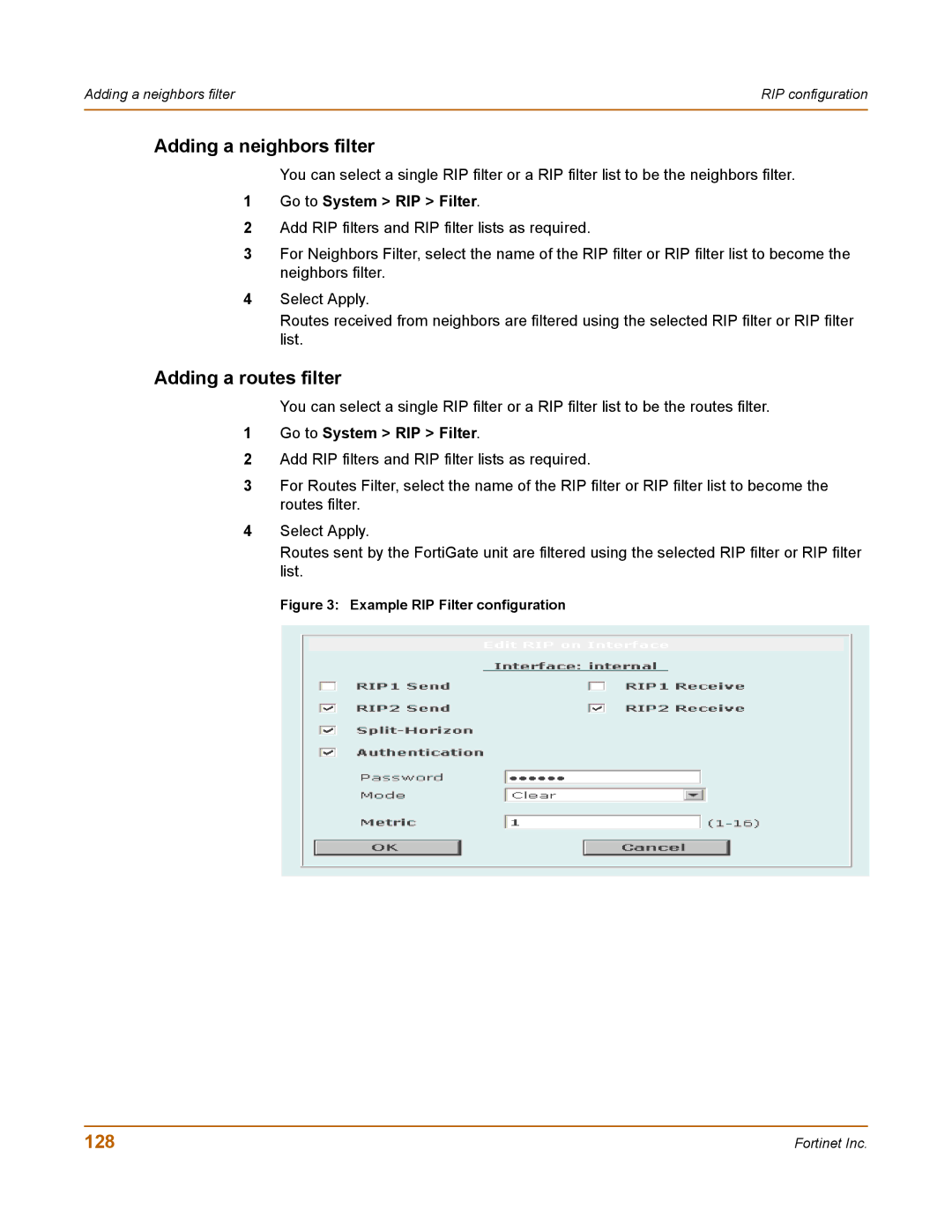 Fortinet 100 user manual Adding a neighbors filter, Adding a routes filter, 128 