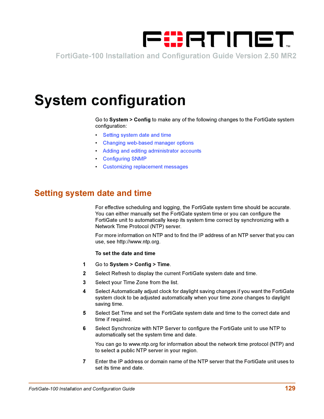 Fortinet 100 System configuration, Setting system date and time, 129, To set the date and time Go to System Config Time 