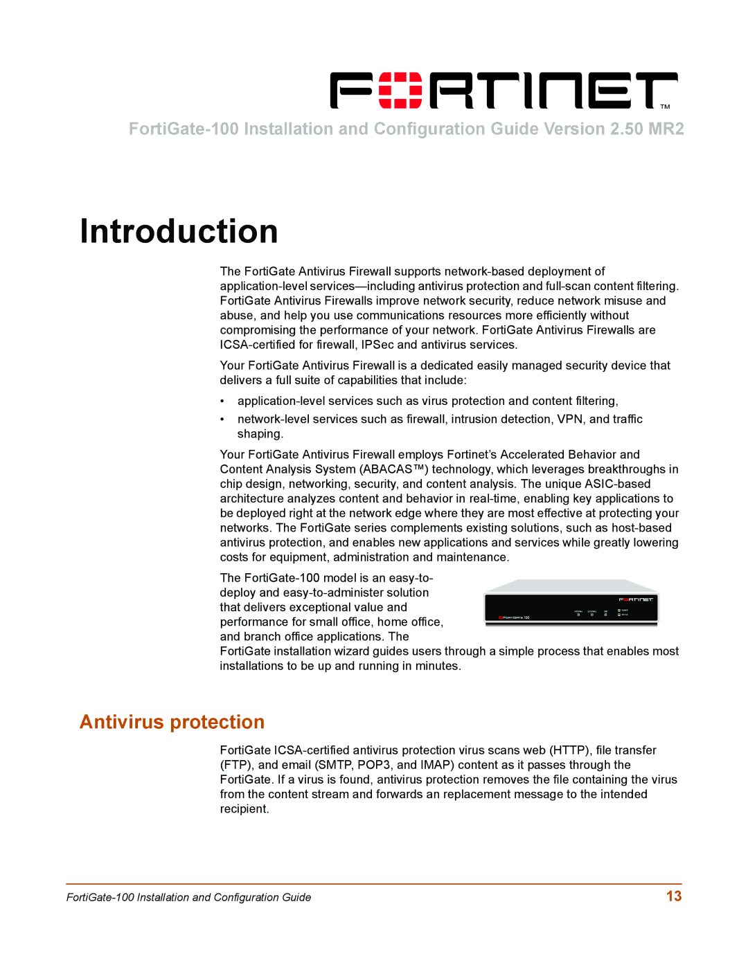 Fortinet 100 user manual Introduction, Antivirus protection 