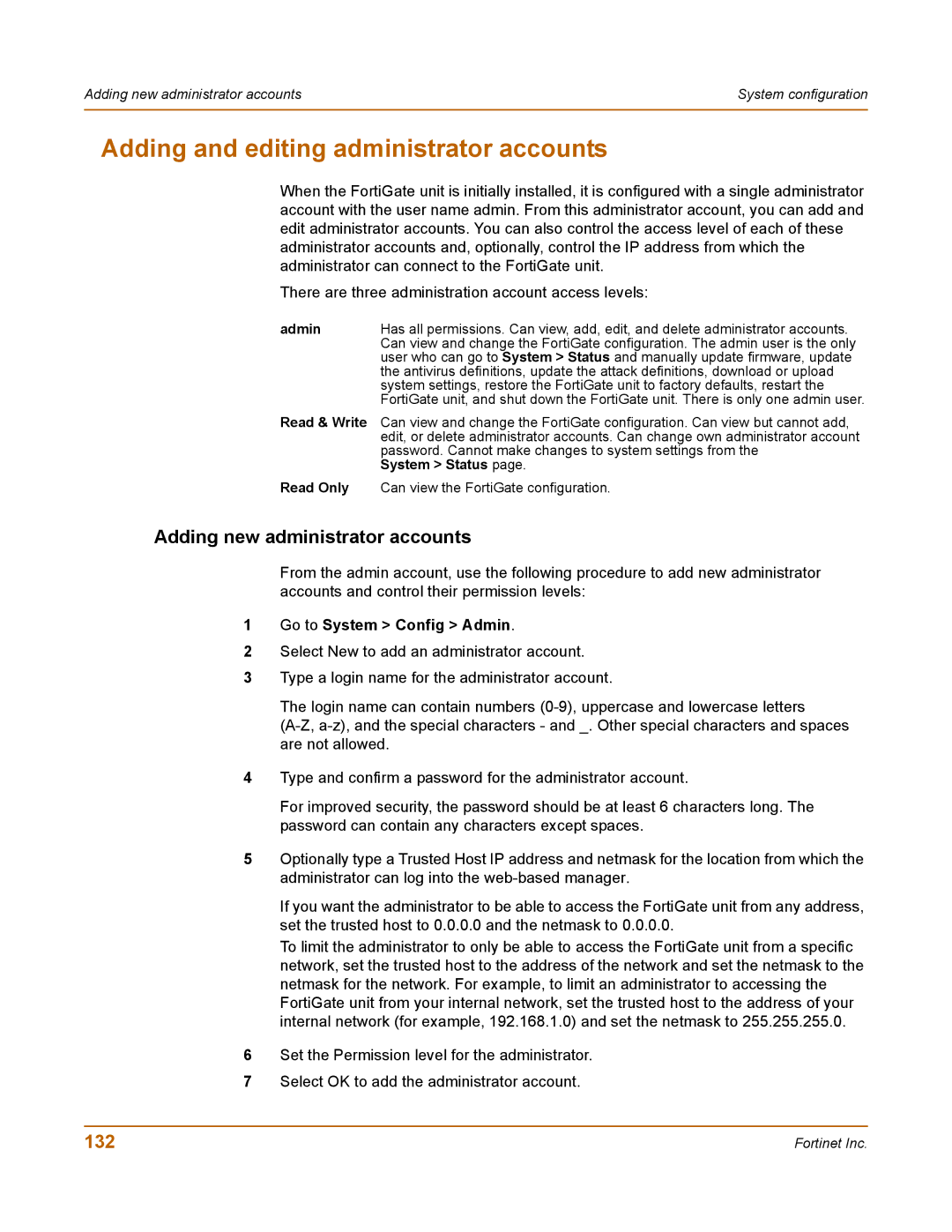 Fortinet 100 Adding and editing administrator accounts, Adding new administrator accounts, 132, Go to System Config Admin 