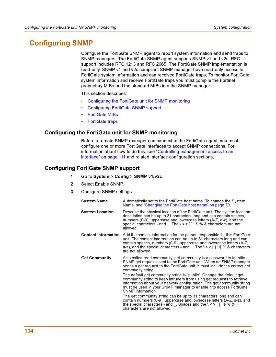 Fortinet 100 Configuring Snmp, Configuring the FortiGate unit for Snmp monitoring, Configuring FortiGate Snmp support, 134 