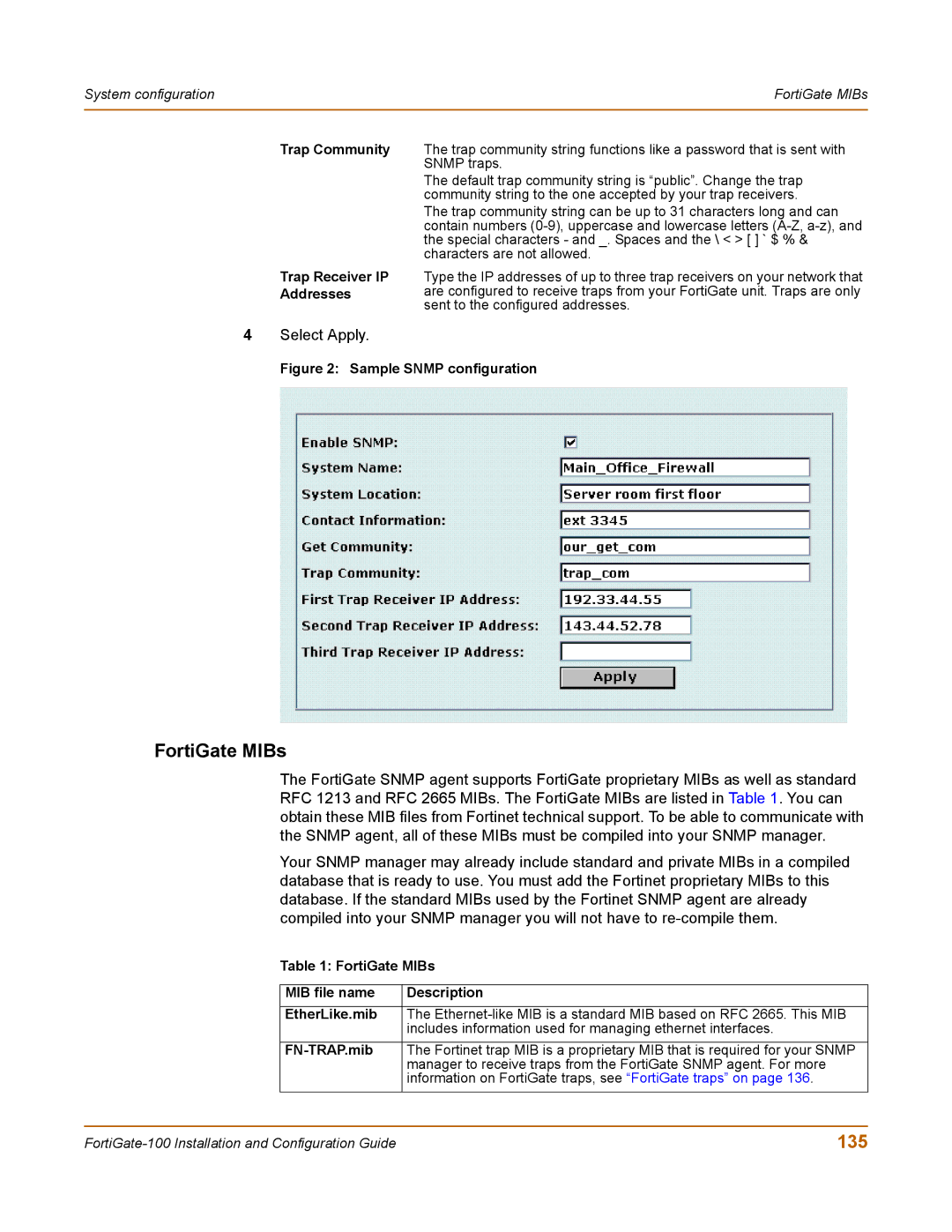 Fortinet 100 user manual FortiGate MIBs, 135, Trap Community Trap Receiver IP Addresses, FN-TRAP.mib 