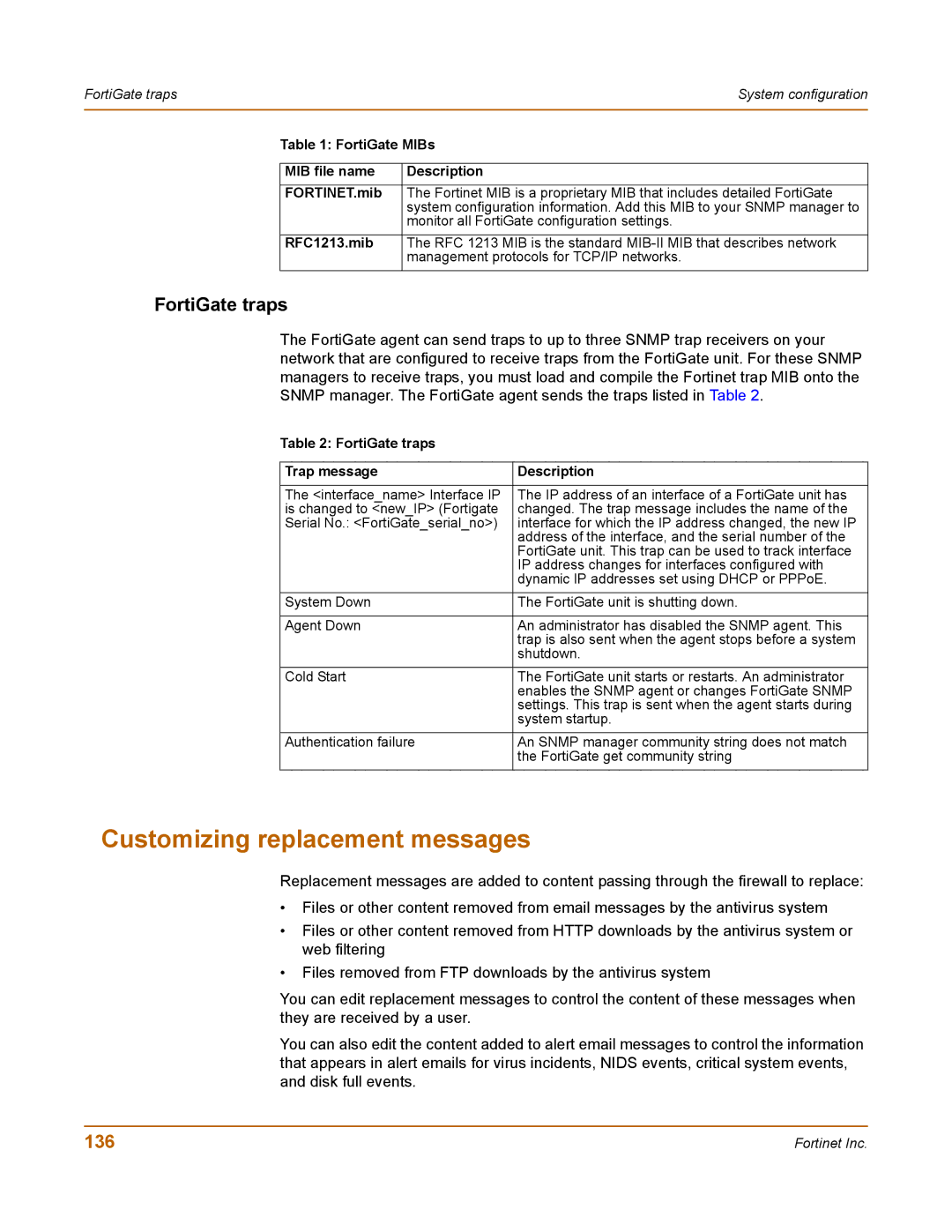 Fortinet 100 user manual Customizing replacement messages, 136, FortiGate traps Trap message Description 