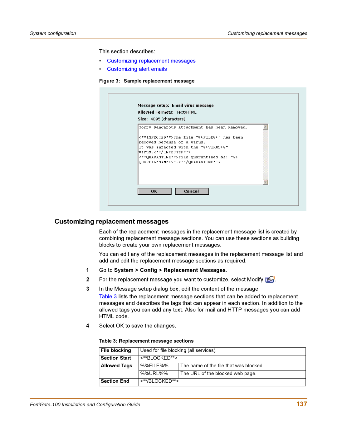 Fortinet 100 user manual Customizing replacement messages, 137, Go to System Config Replacement Messages 