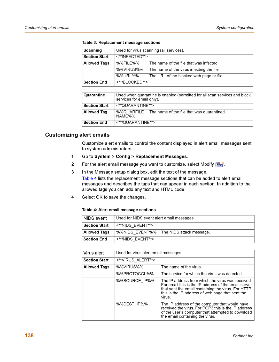 Fortinet 100 user manual Customizing alert emails, 138, Alert email message sections 