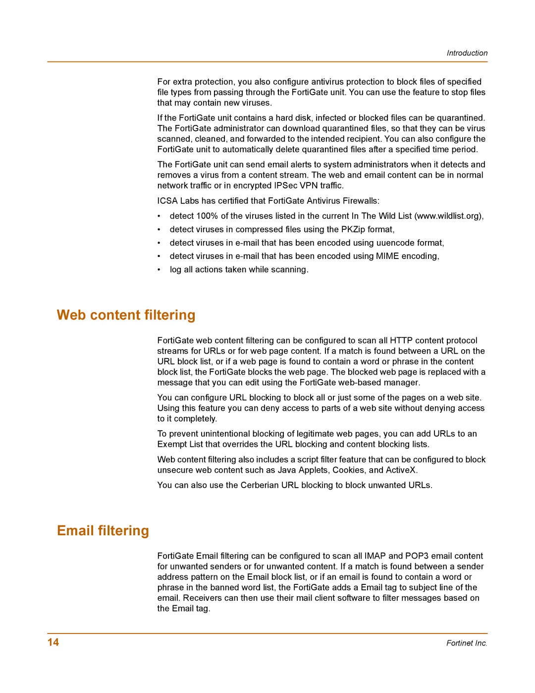 Fortinet 100 user manual Web content filtering, Email filtering 