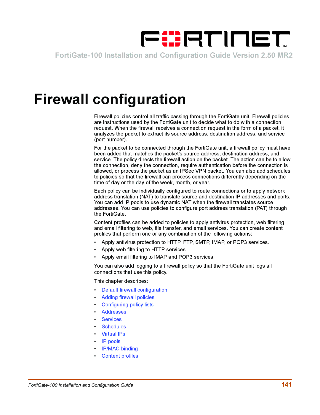 Fortinet 100 user manual Firewall configuration, 141 