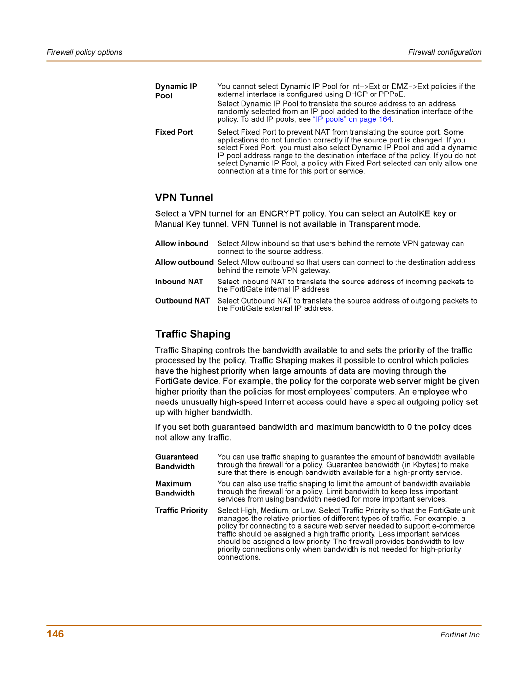 Fortinet 100 user manual VPN Tunnel, Traffic Shaping, 146, Dynamic IP Pool Fixed Port 