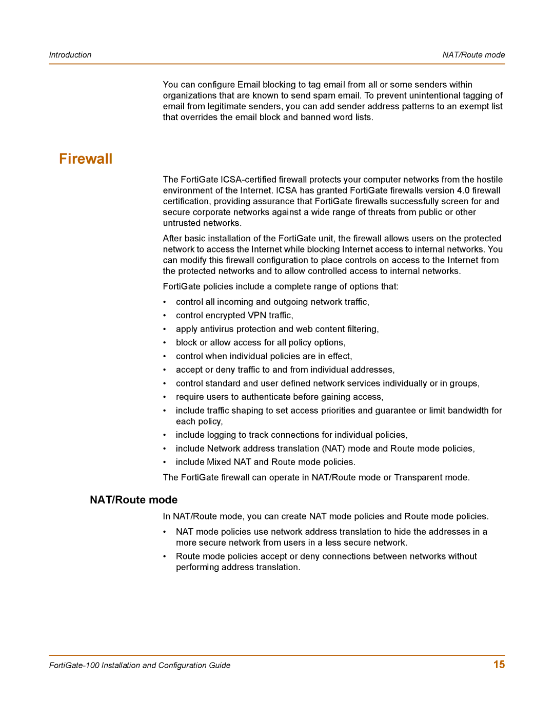 Fortinet 100 user manual Firewall, NAT/Route mode 