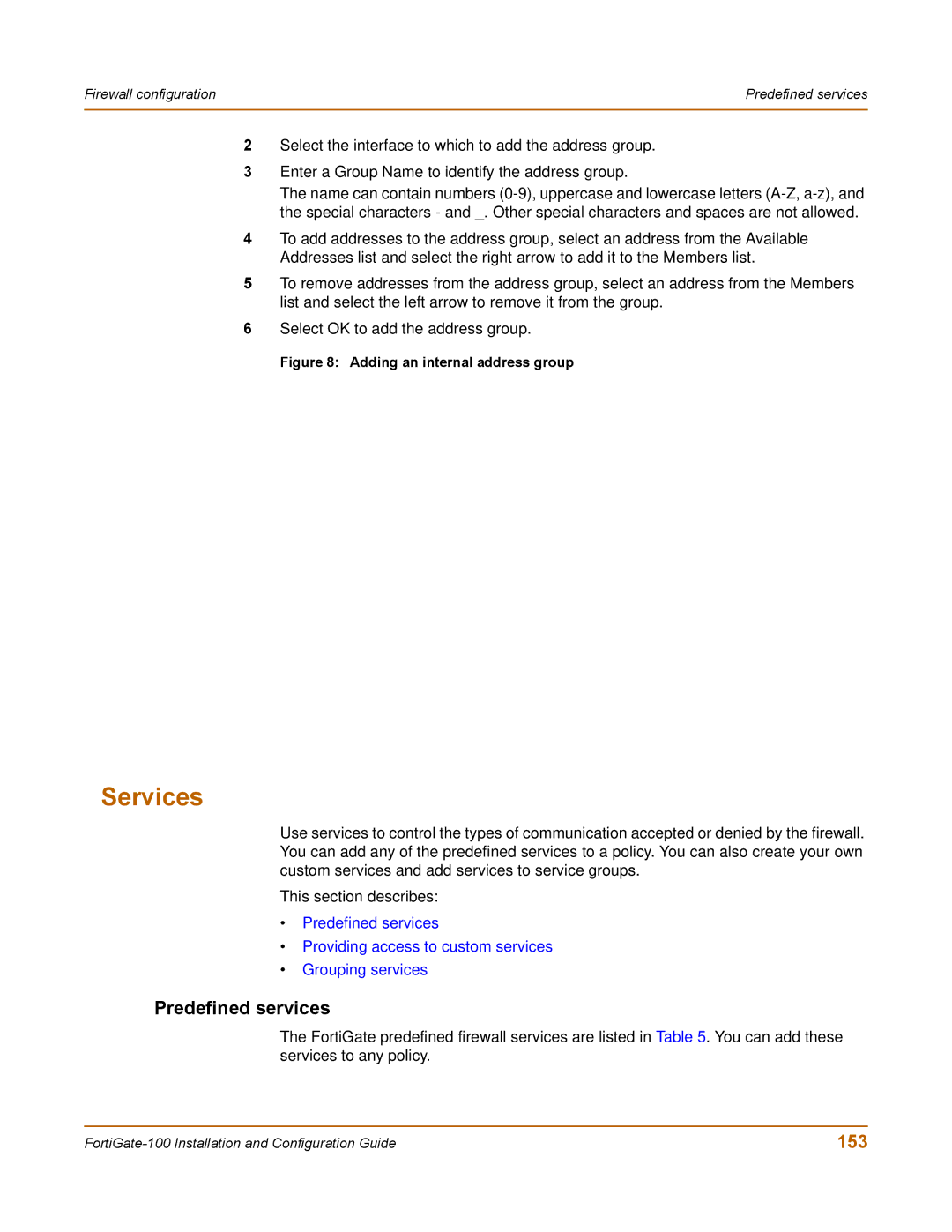 Fortinet 100 user manual Services, Predefined services, 153 