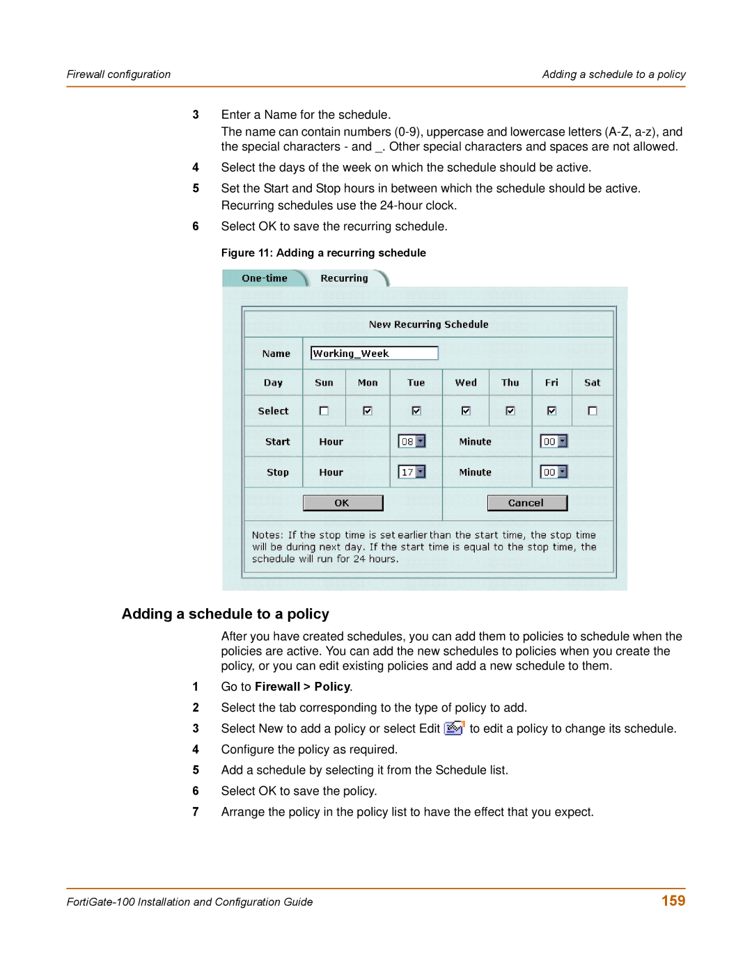 Fortinet 100 user manual Adding a schedule to a policy, 159 