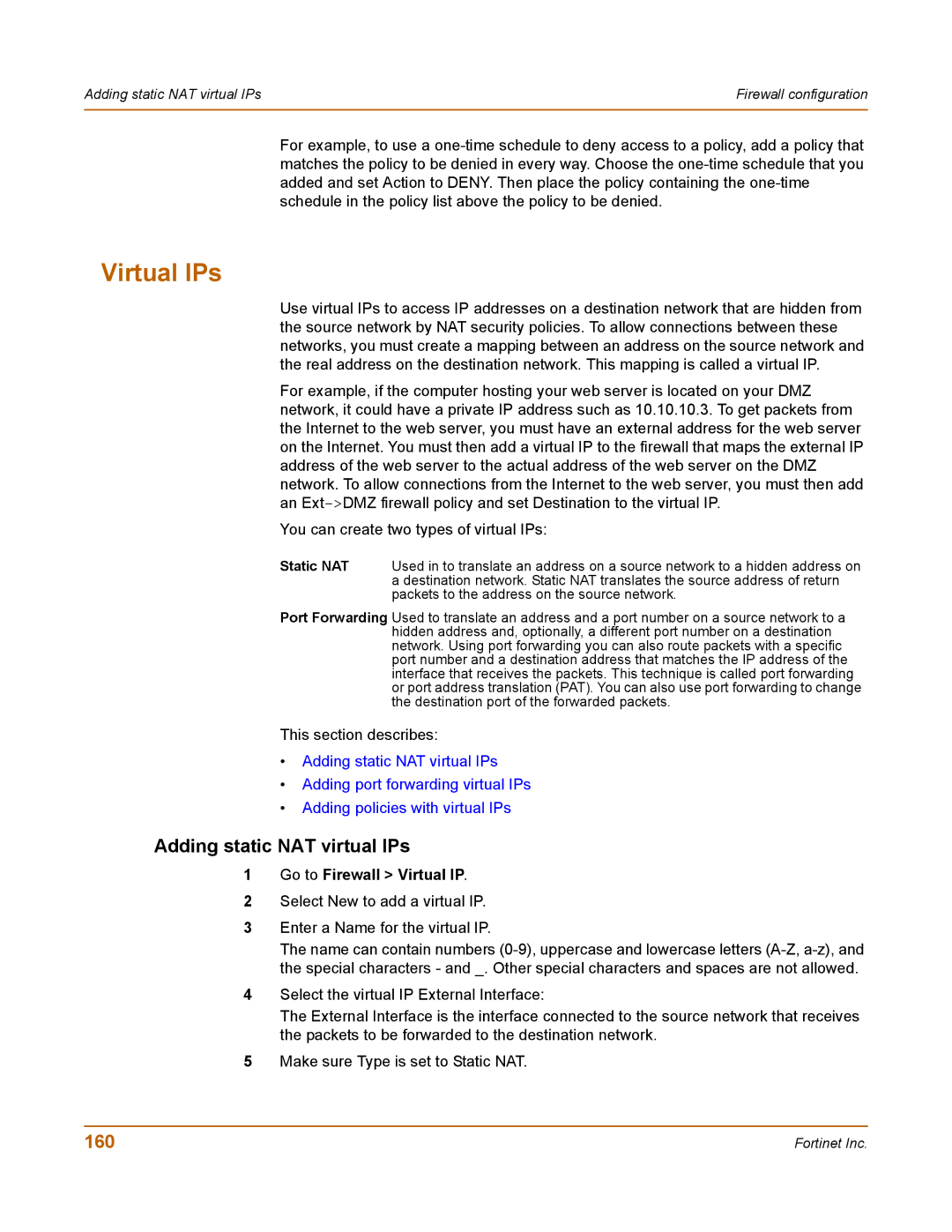 Fortinet 100 user manual Virtual IPs, Adding static NAT virtual IPs, 160 