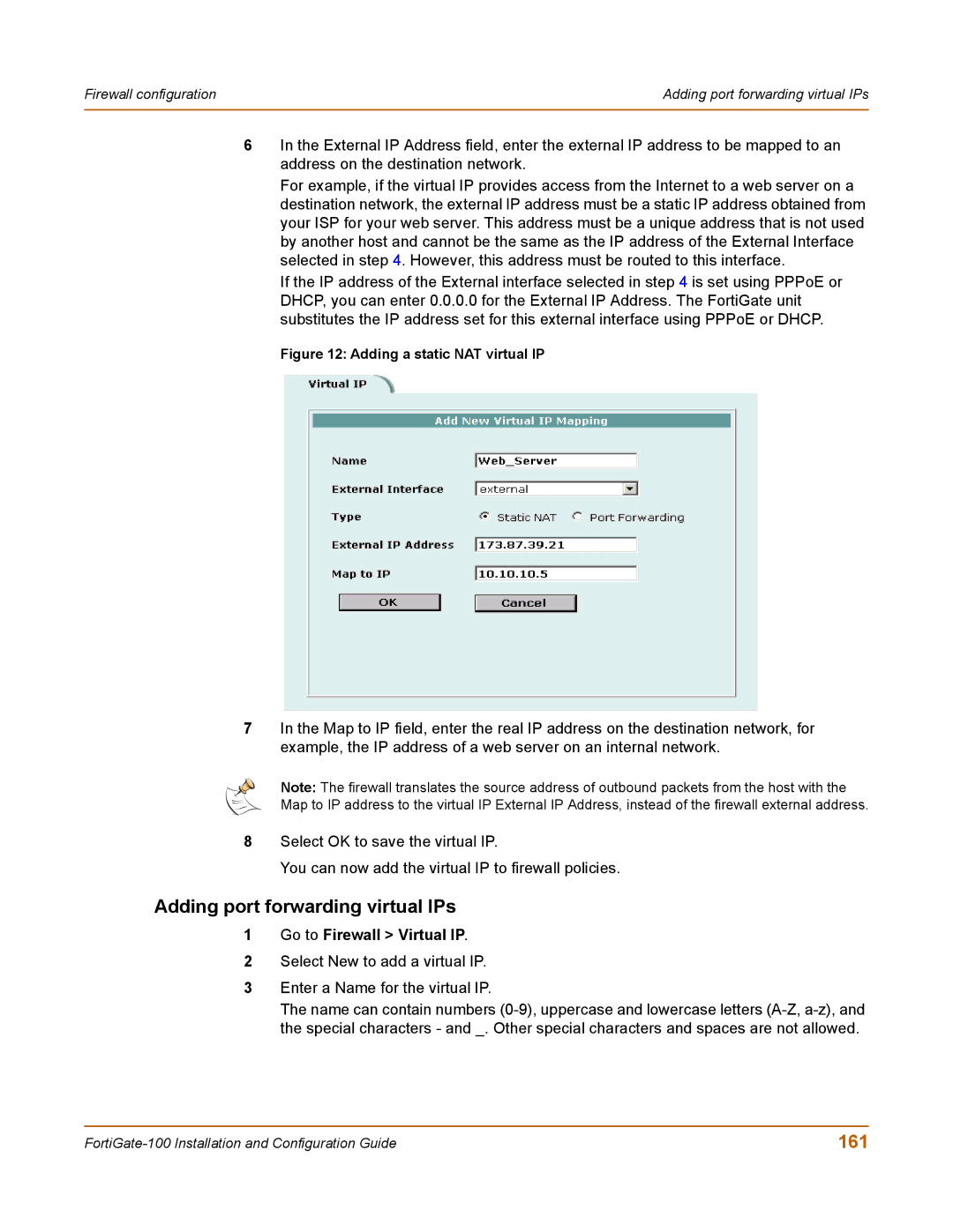 Fortinet 100 user manual Adding port forwarding virtual IPs, 161 