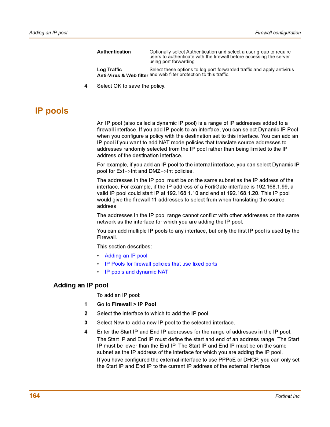 Fortinet 100 user manual IP pools, Adding an IP pool, 164, Go to Firewall IP Pool 