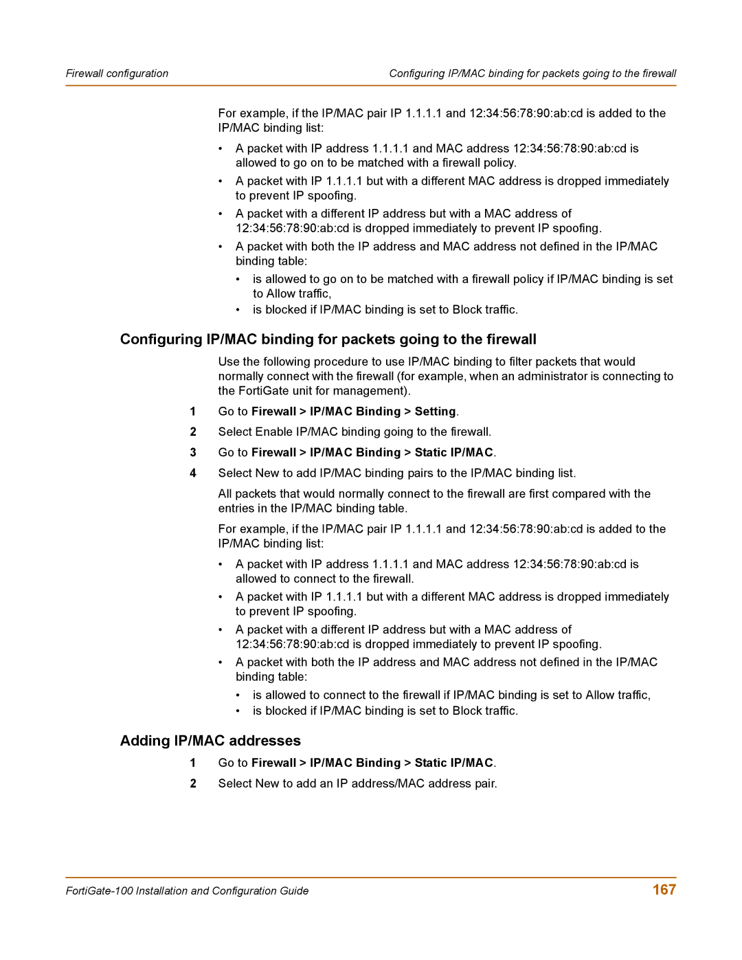 Fortinet 100 user manual Adding IP/MAC addresses, 167 