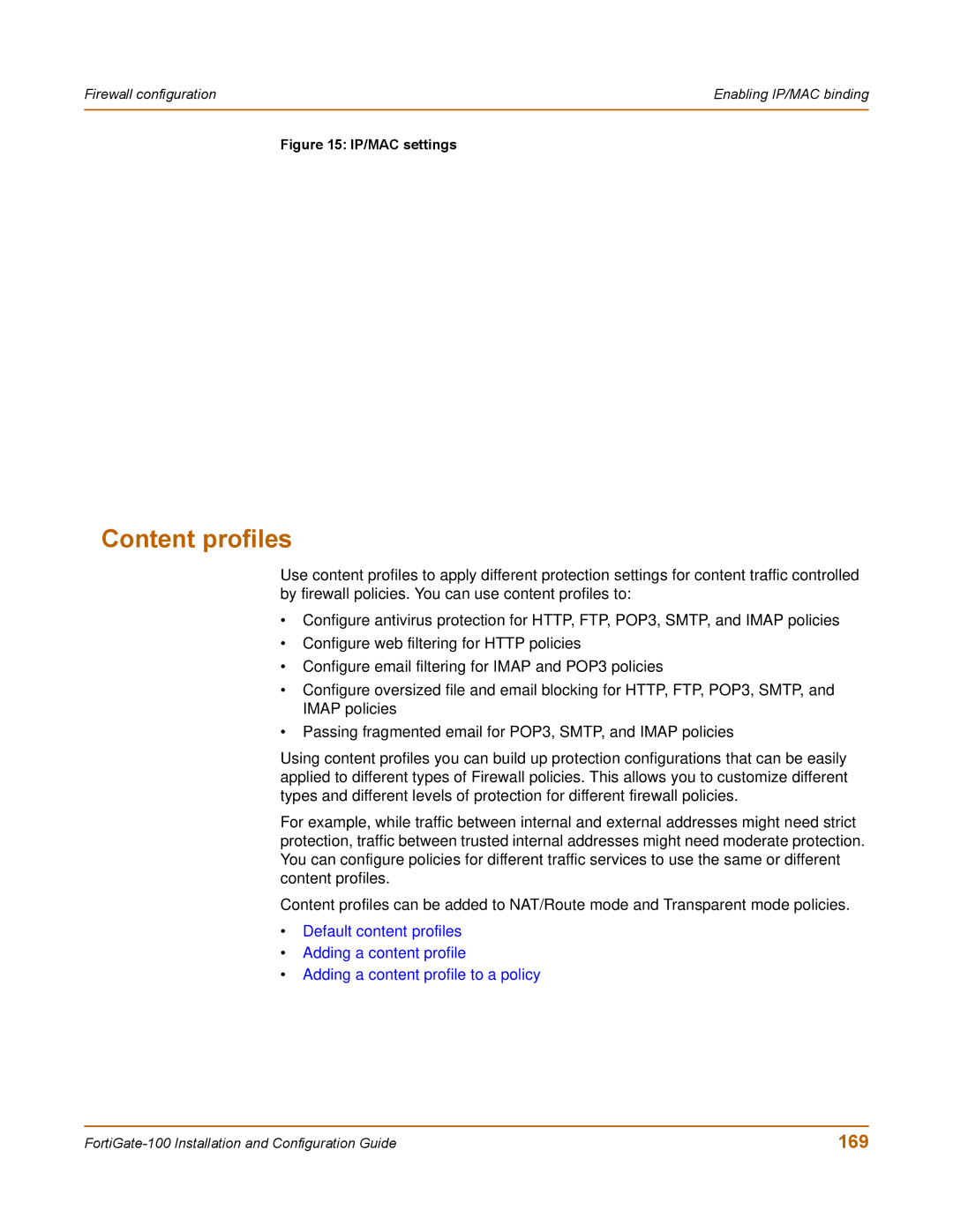 Fortinet 100 user manual Content profiles, 169 