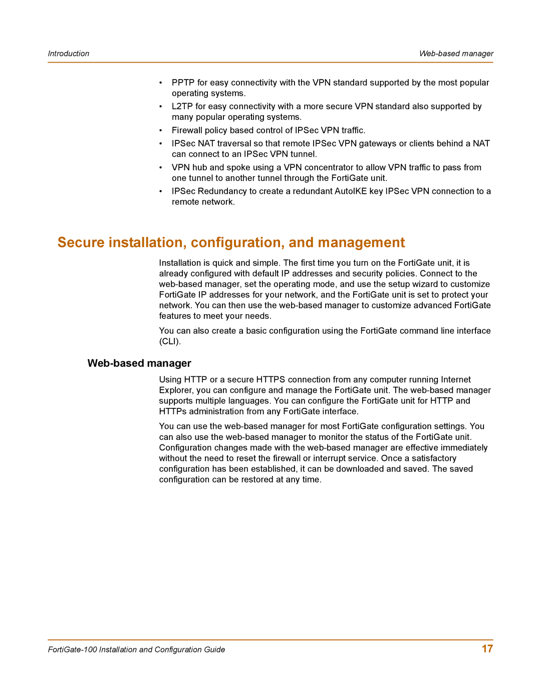 Fortinet 100 user manual Secure installation, configuration, and management, Web-based manager 