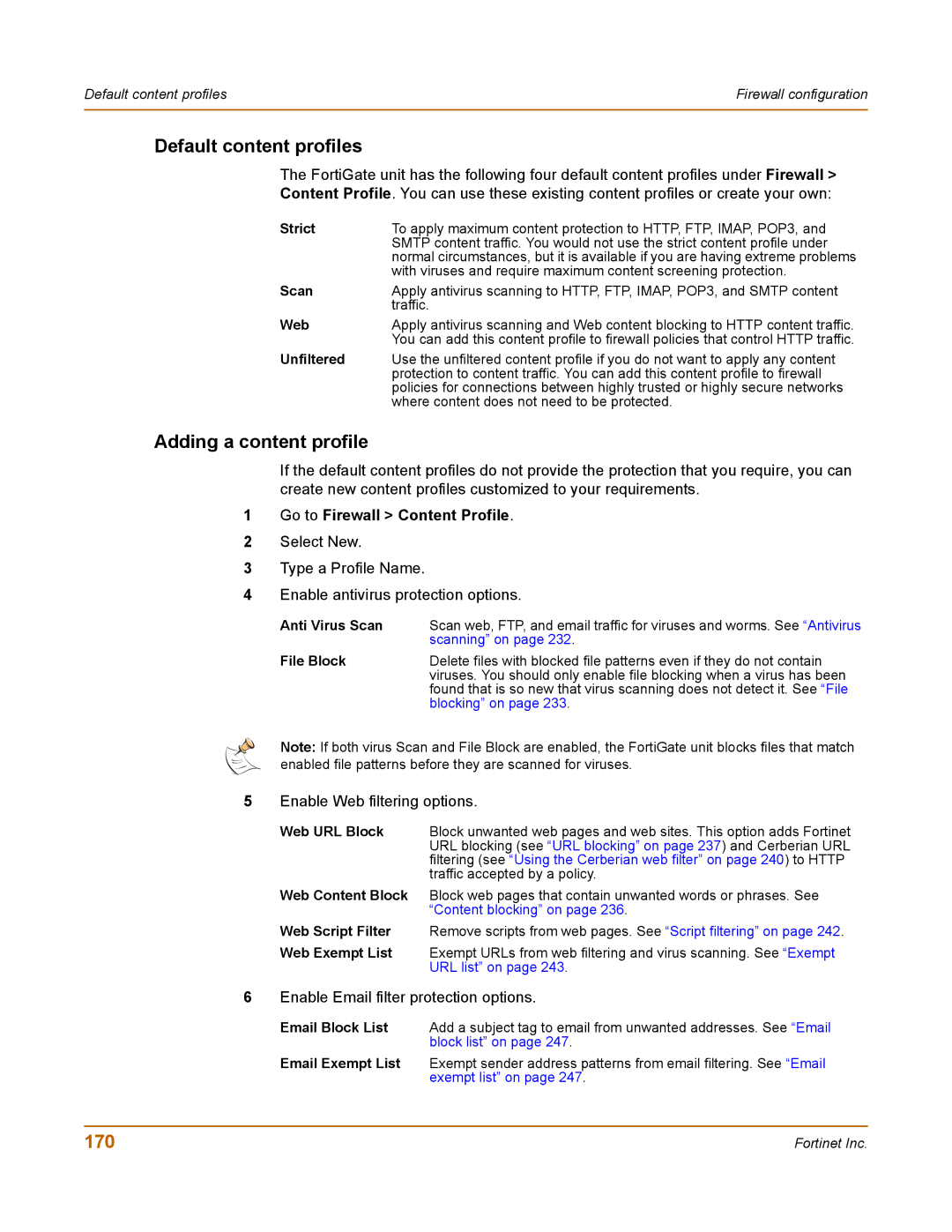 Fortinet 100 user manual Default content profiles, Adding a content profile, 170, Go to Firewall Content Profile 