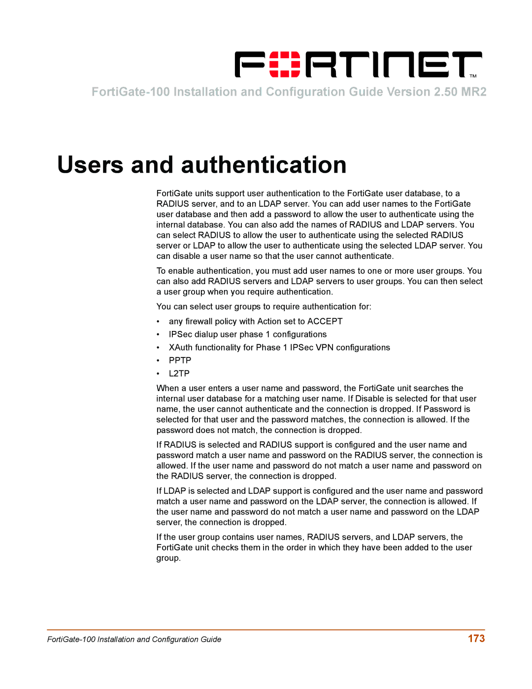 Fortinet 100 user manual Users and authentication, 173 