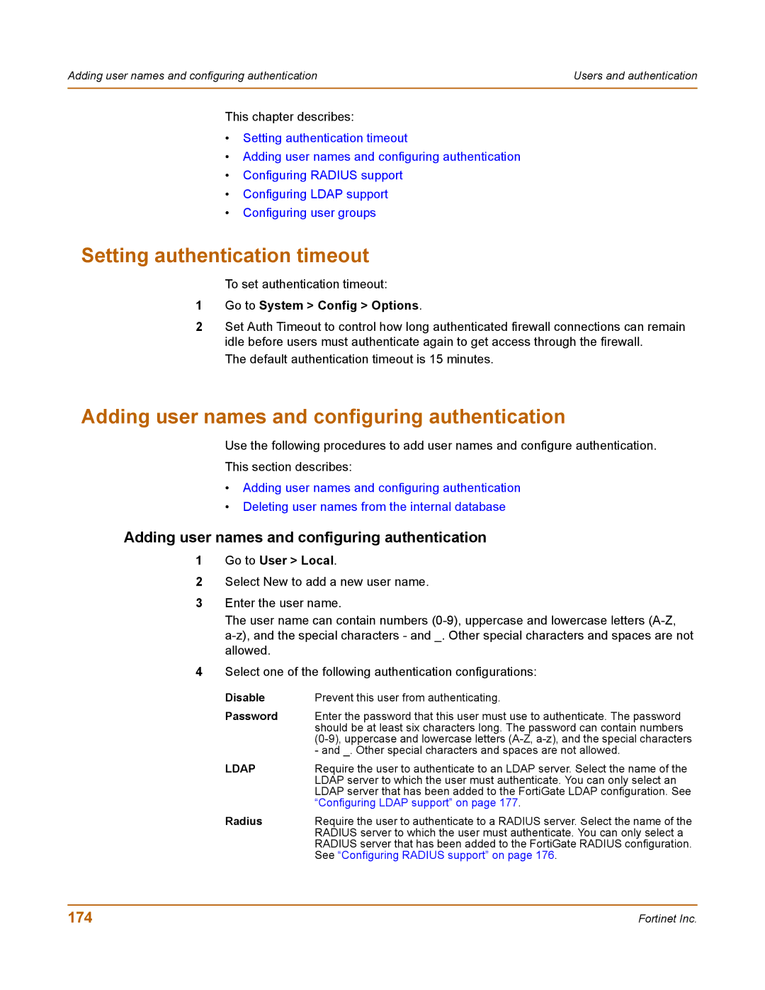 Fortinet 100 user manual Setting authentication timeout, Adding user names and configuring authentication, 174 