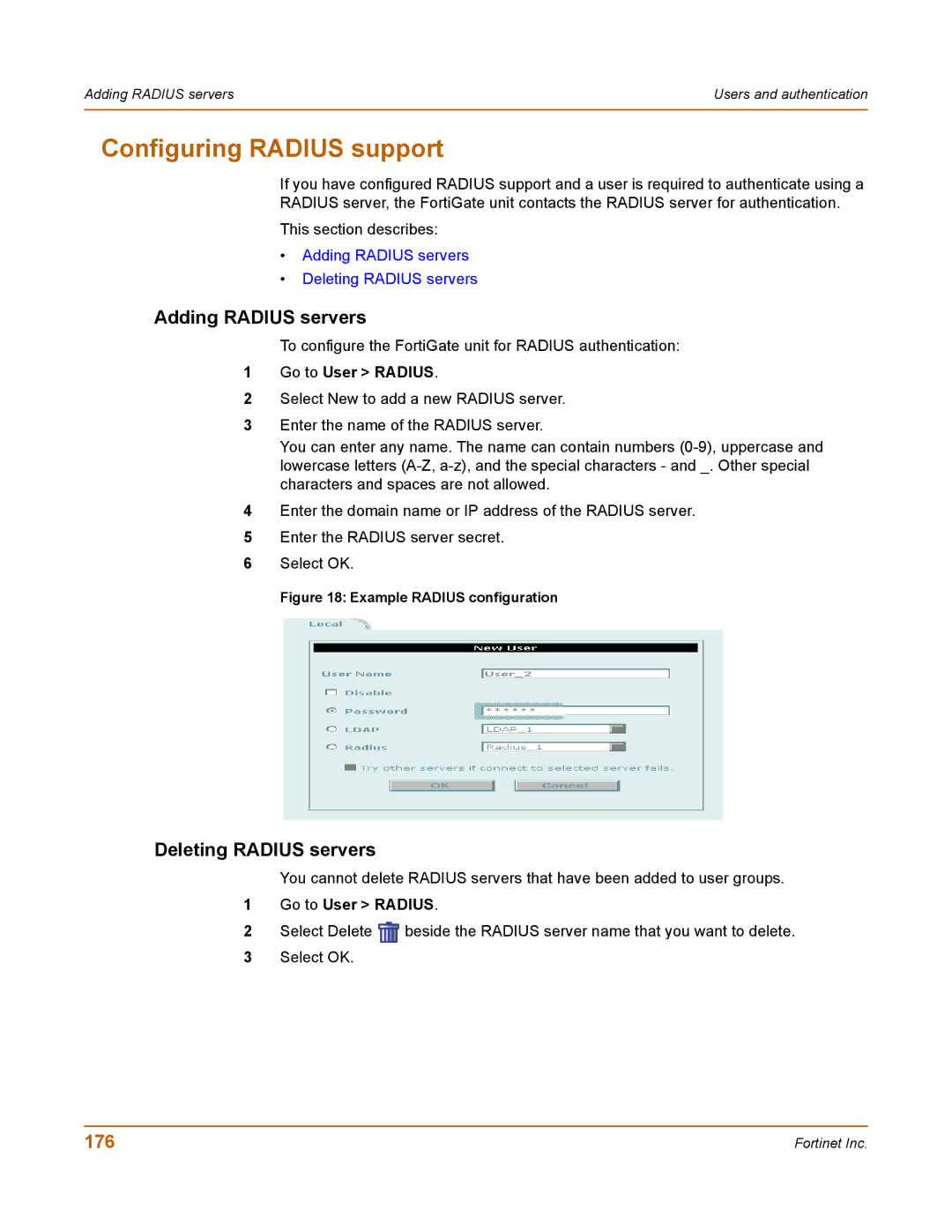 Fortinet 100 user manual Configuring Radius support, Adding Radius servers, Deleting Radius servers, 176, Go to User Radius 