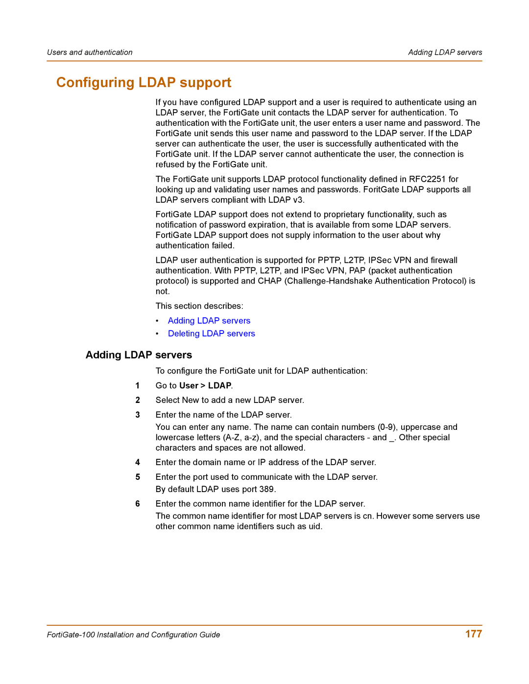 Fortinet 100 user manual Configuring Ldap support, Adding Ldap servers, 177, Go to User Ldap 