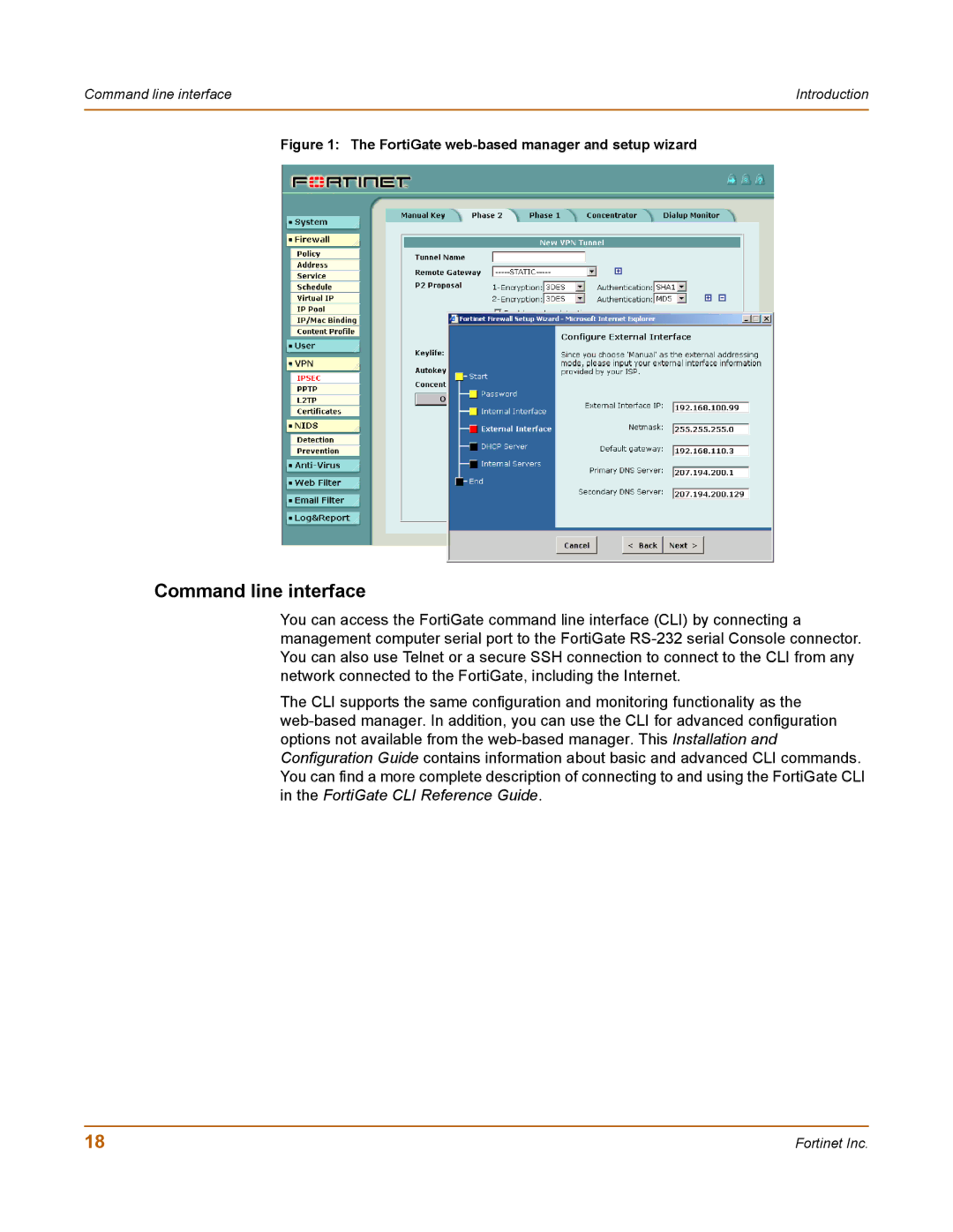 Fortinet 100 user manual Command line interface, FortiGate web-based manager and setup wizard 