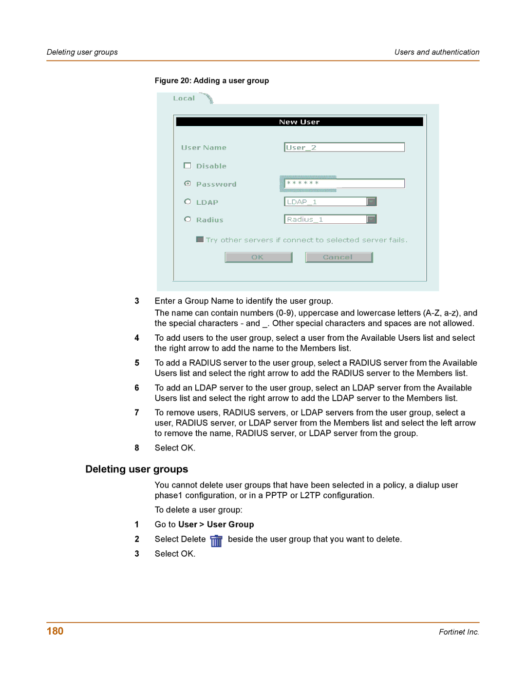 Fortinet 100 user manual Deleting user groups, 180 