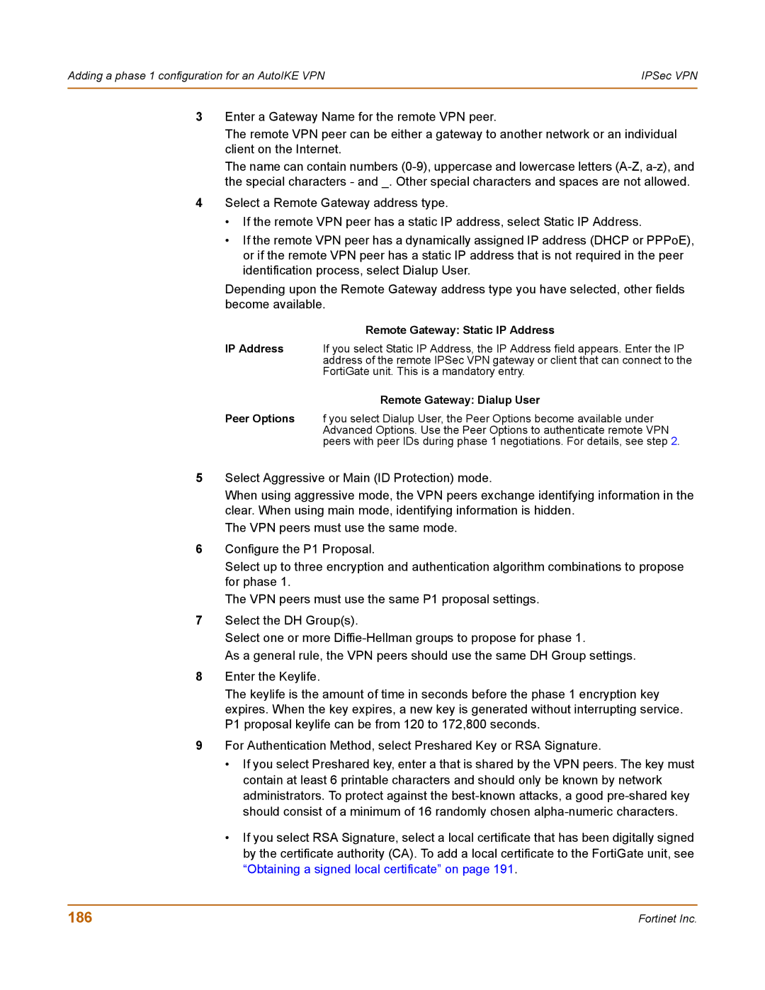 Fortinet 100 user manual 186, Remote Gateway Static IP Address, Remote Gateway Dialup User 