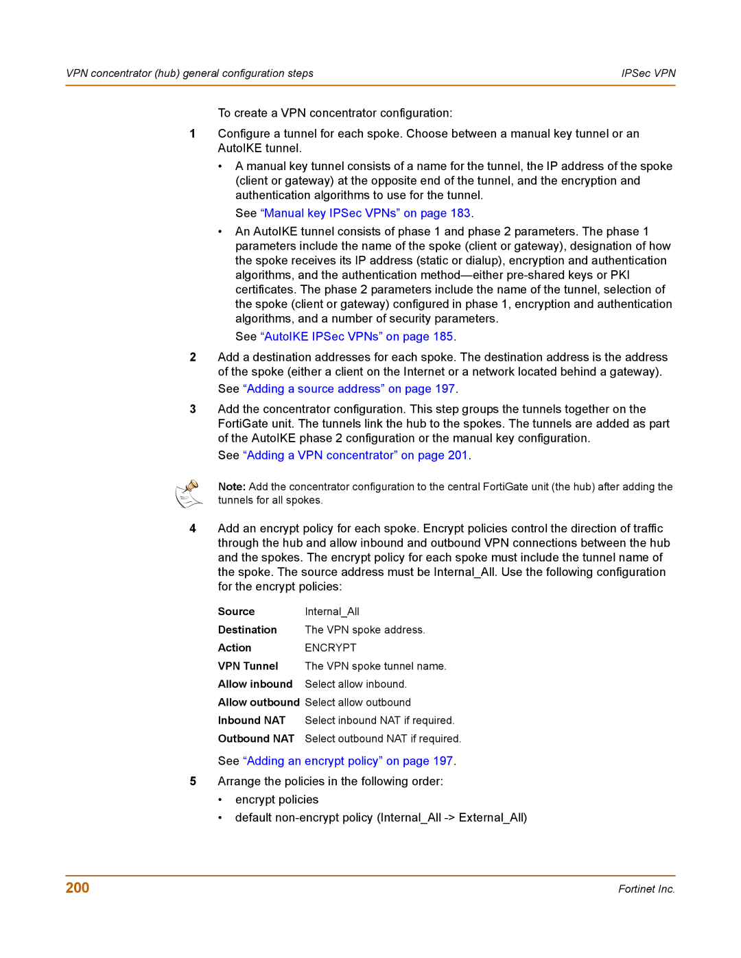 Fortinet 100 user manual 200, Source InternalAll Destination VPN spoke address Action 