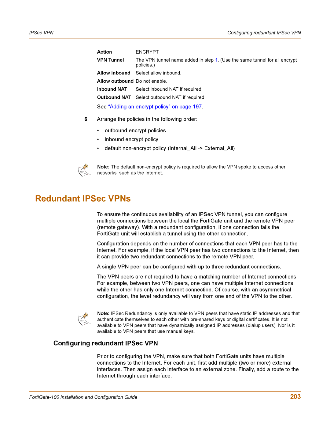 Fortinet 100 user manual Redundant IPSec VPNs, Configuring redundant IPSec VPN, 203 