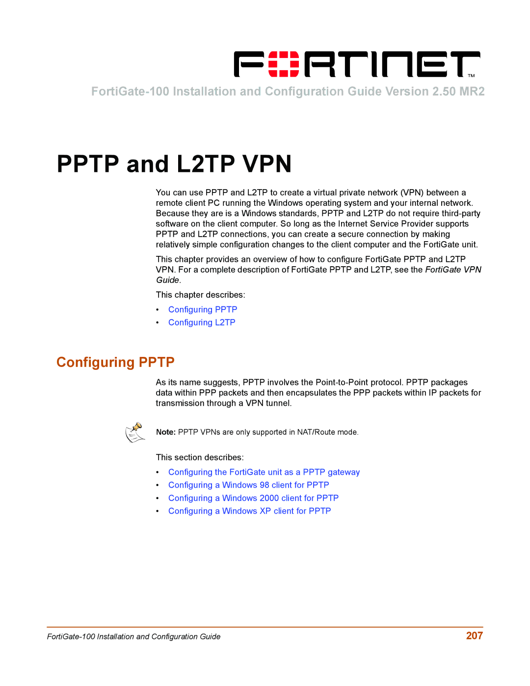 Fortinet 100 user manual Pptp and L2TP VPN, Configuring Pptp, 207 