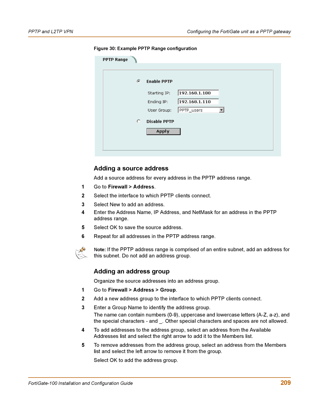 Fortinet 100 user manual Adding an address group, 209 