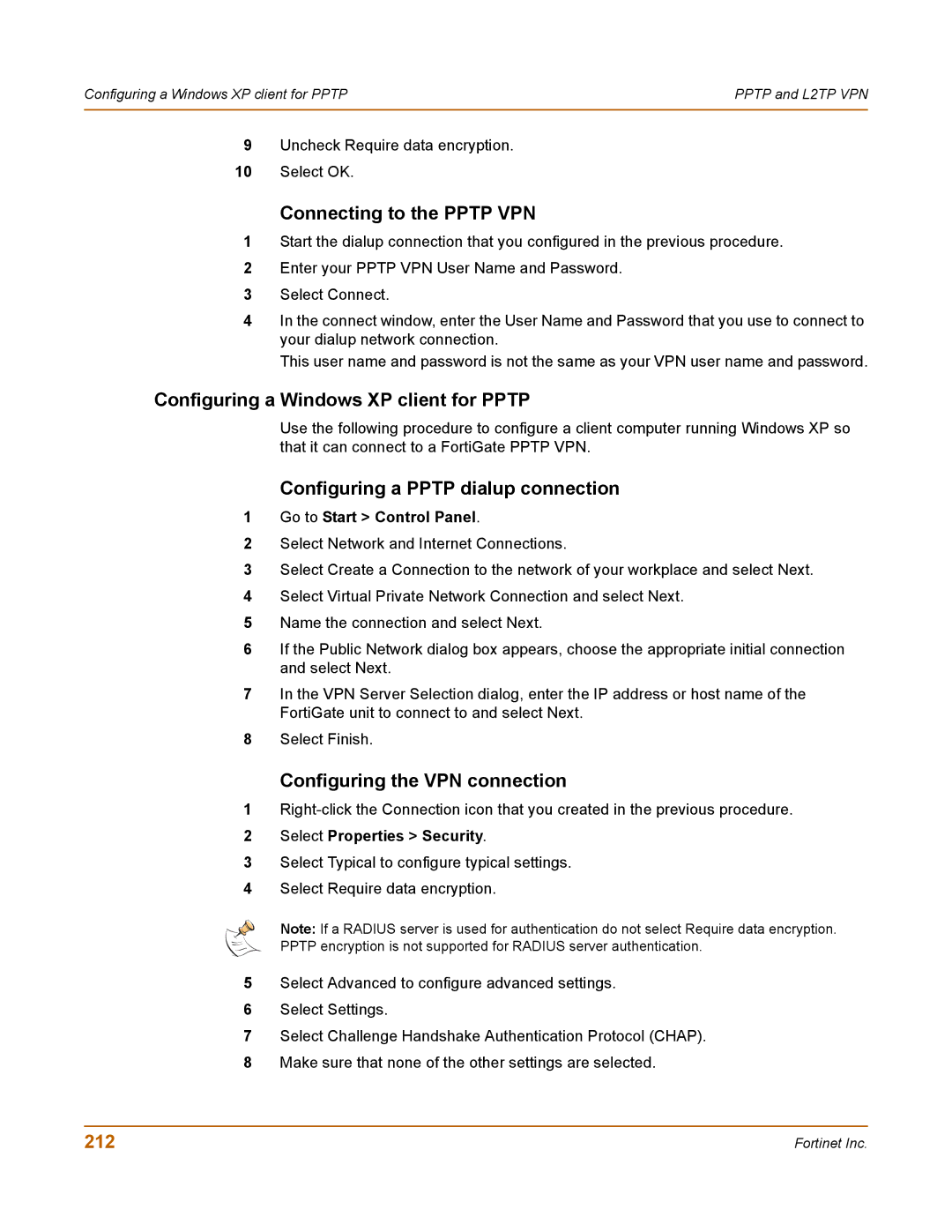 Fortinet 100 Configuring a Windows XP client for Pptp, Configuring the VPN connection, 212, Go to Start Control Panel 