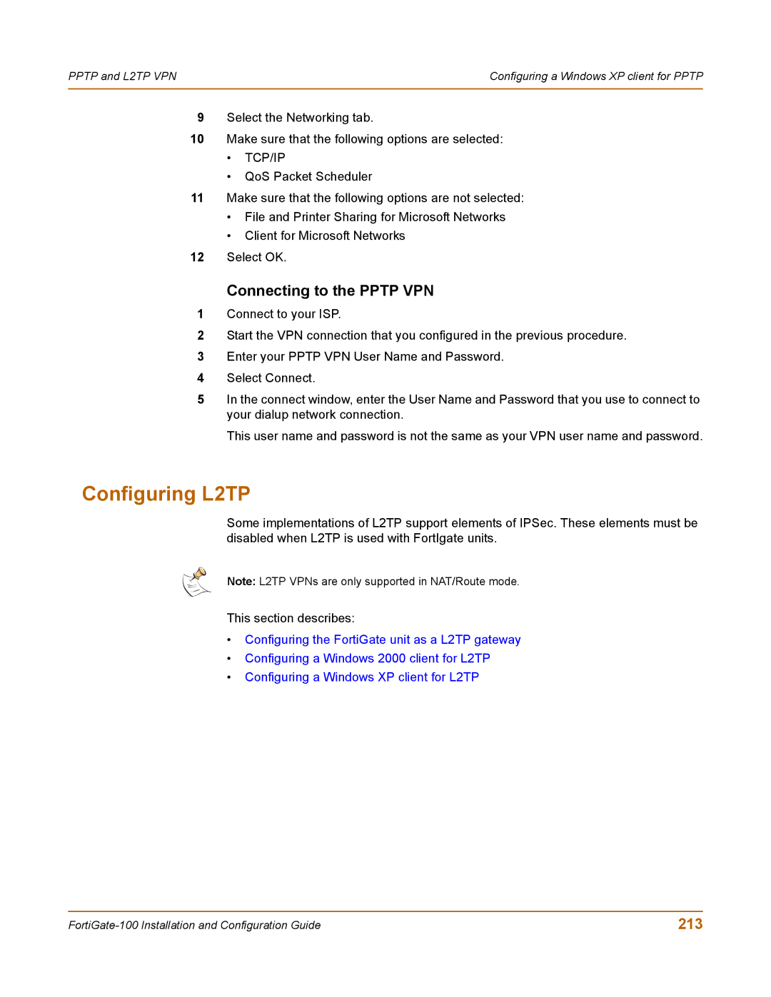 Fortinet 100 user manual Configuring L2TP, 213 