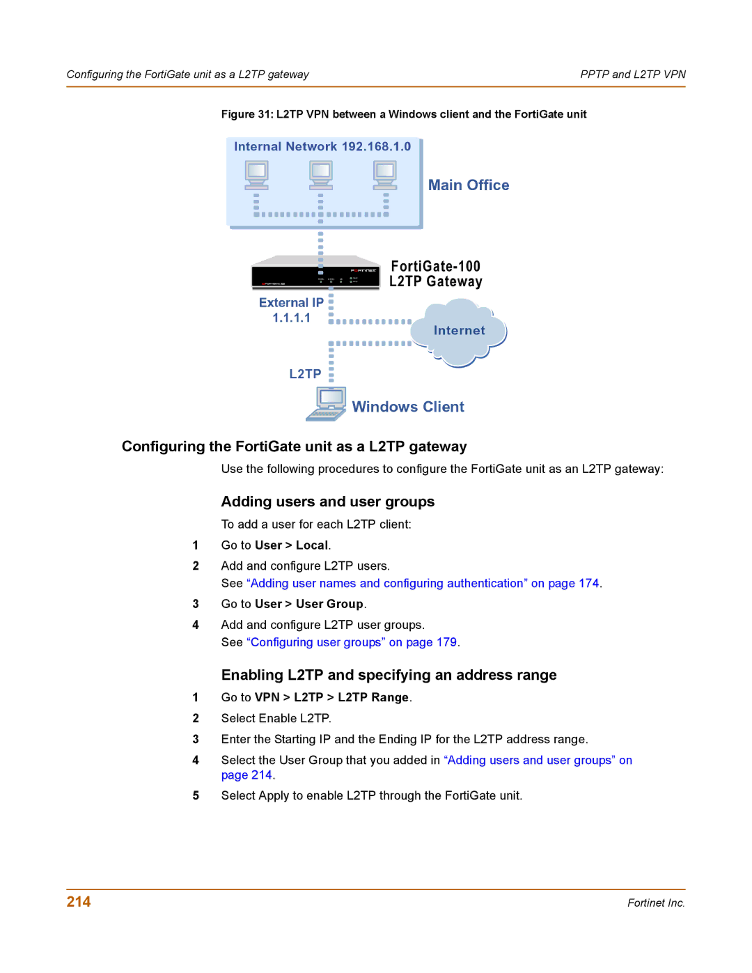 Fortinet 100 Configuring the FortiGate unit as a L2TP gateway, Enabling L2TP and specifying an address range, 214 