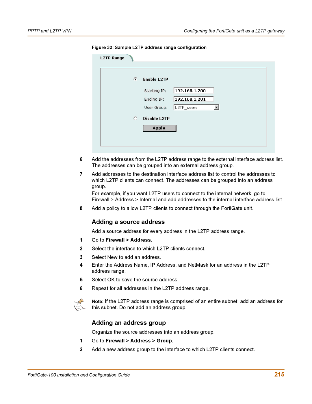 Fortinet 100 user manual 215, Sample L2TP address range configuration 