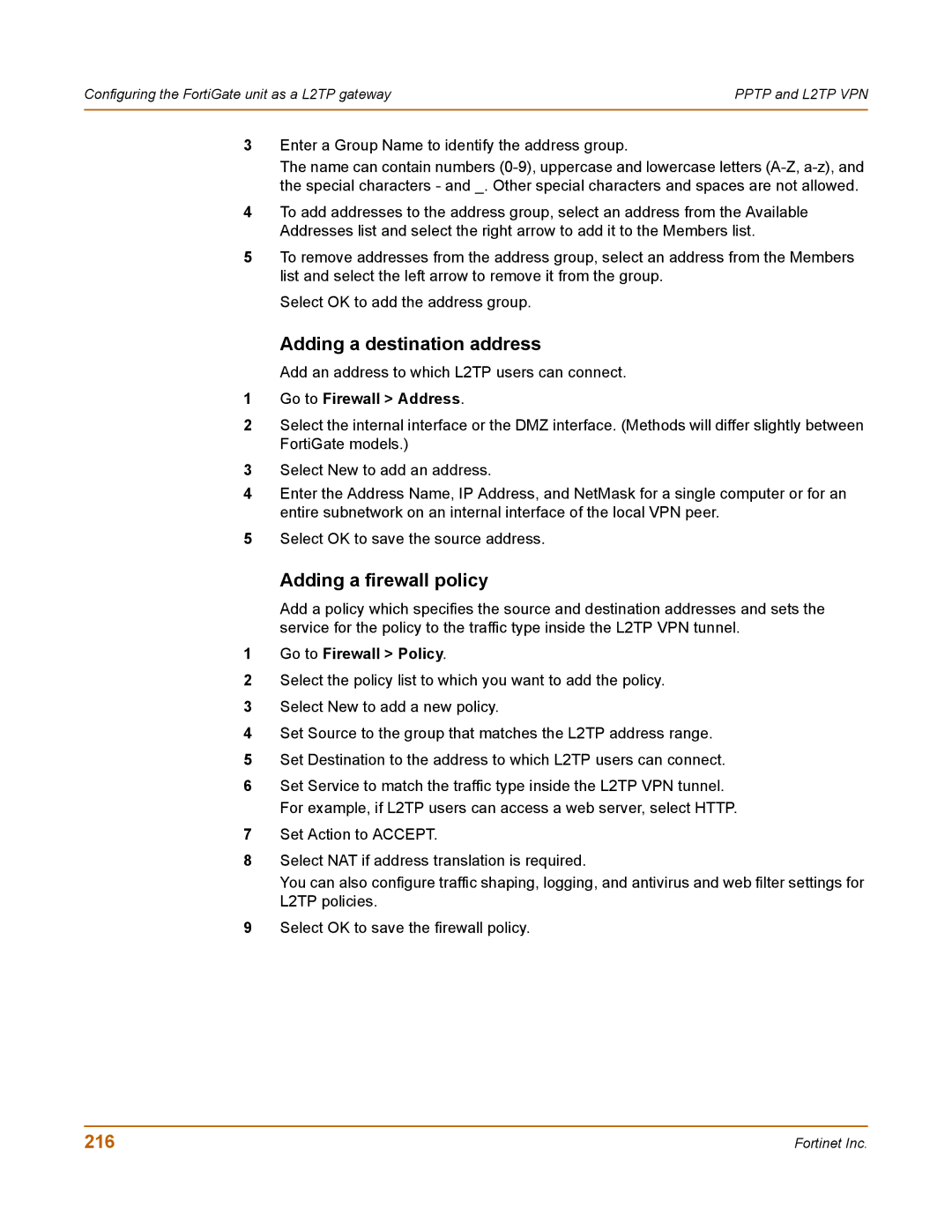 Fortinet 100 user manual Adding a destination address, 216 