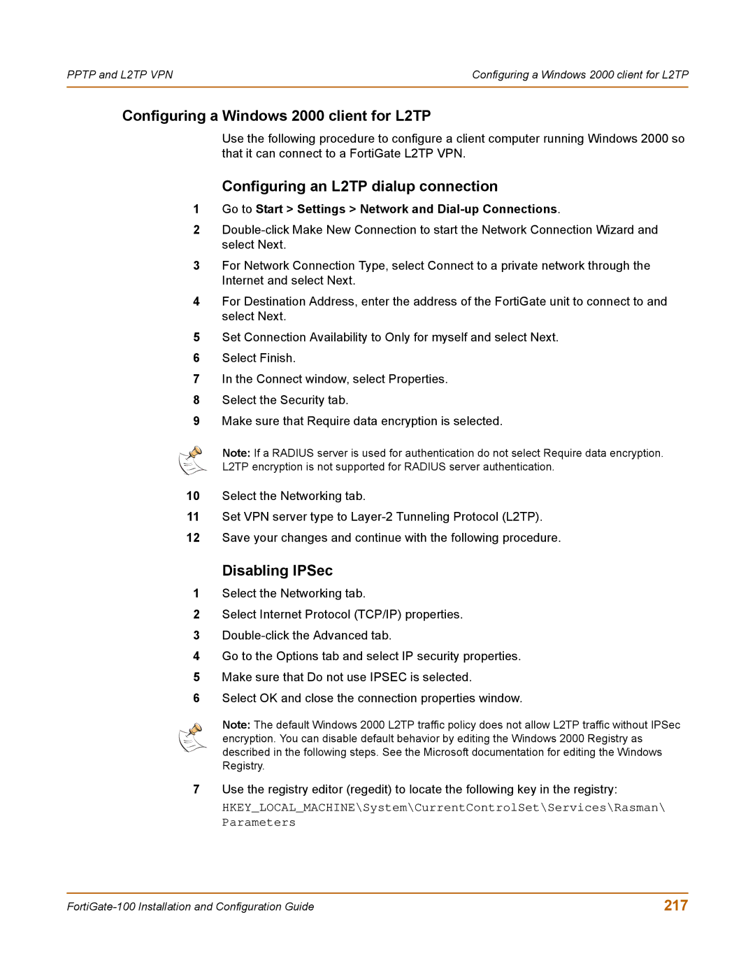 Fortinet 100 Configuring a Windows 2000 client for L2TP, Configuring an L2TP dialup connection, Disabling IPSec, 217 