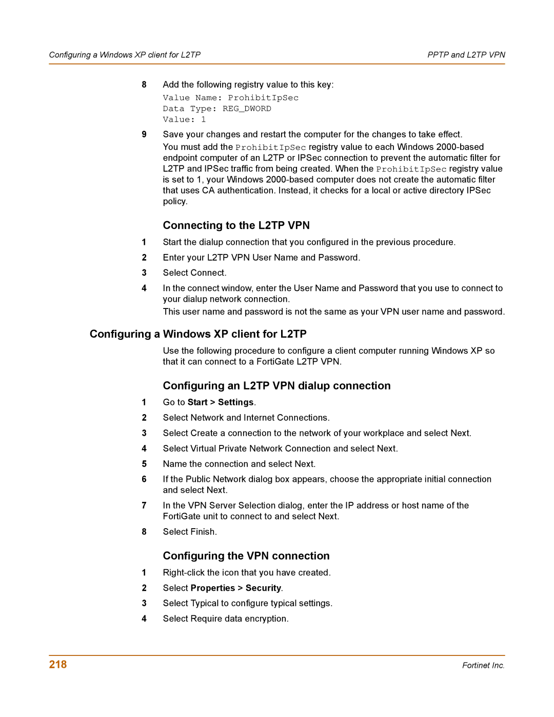 Fortinet 100 user manual Connecting to the L2TP VPN, Configuring a Windows XP client for L2TP, 218, Go to Start Settings 