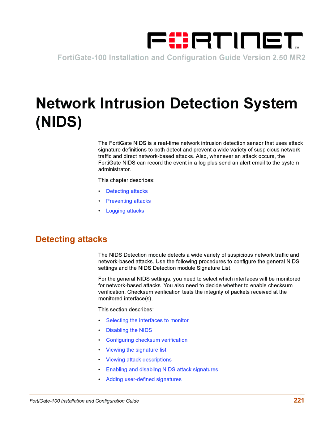 Fortinet 100 user manual Network Intrusion Detection System Nids, Detecting attacks, 221 