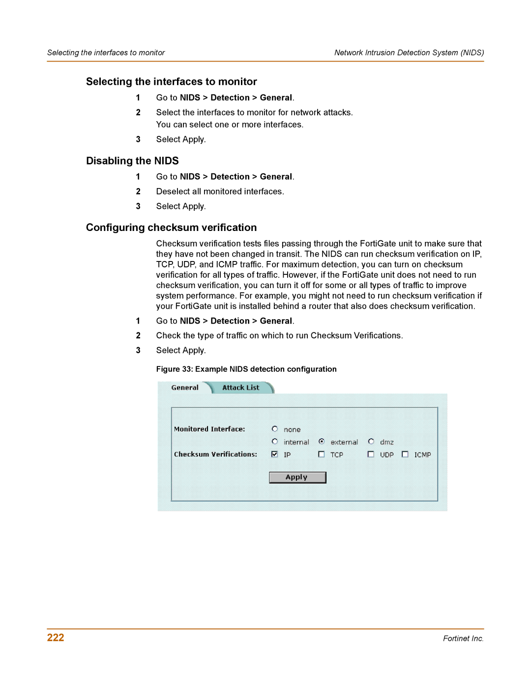 Fortinet 100 user manual Selecting the interfaces to monitor, Disabling the Nids, Configuring checksum verification, 222 