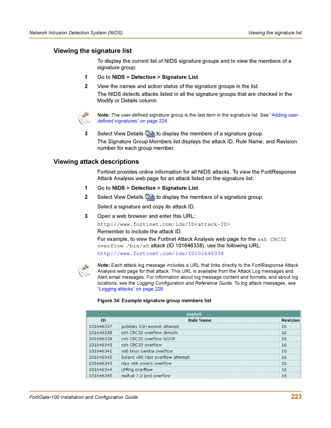 Fortinet 100 user manual Viewing the signature list, Viewing attack descriptions, 223, Go to Nids Detection Signature List 