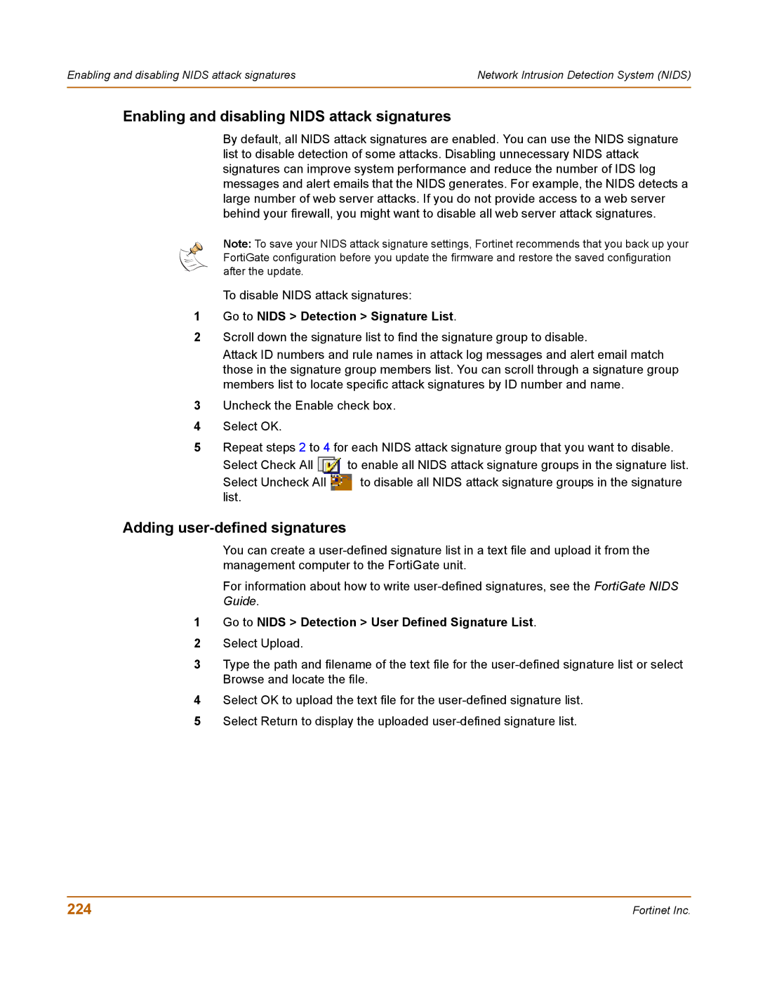 Fortinet 100 user manual Enabling and disabling Nids attack signatures, Adding user-defined signatures, 224 