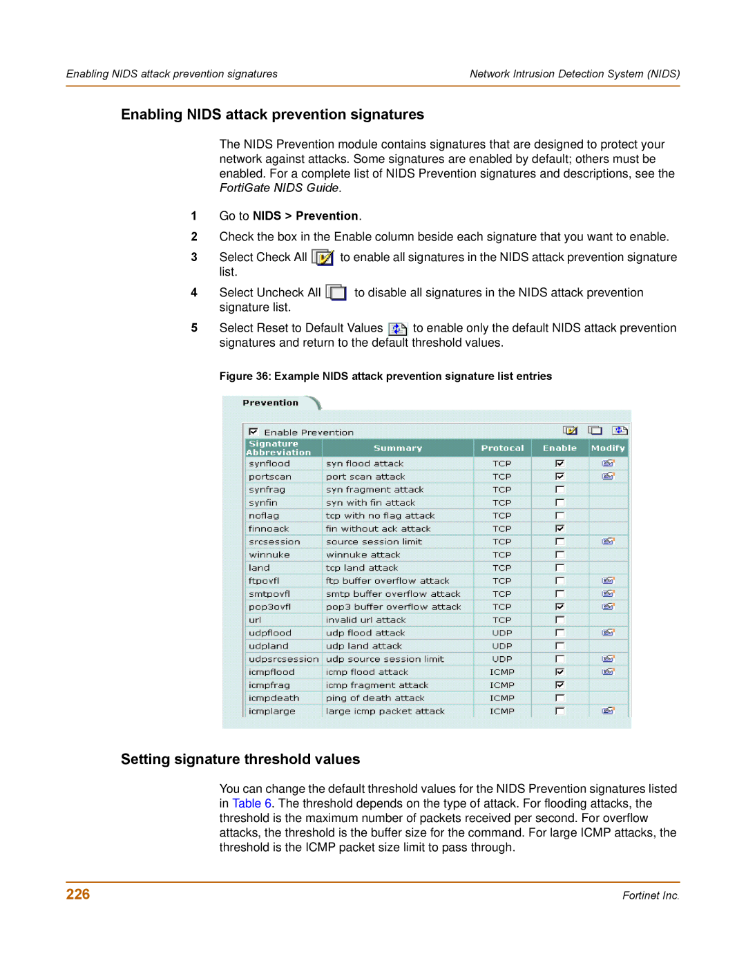 Fortinet 100 user manual Enabling Nids attack prevention signatures, Setting signature threshold values, 226 